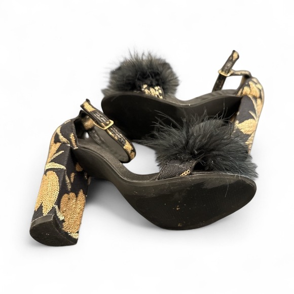 Steve Madden Carabu Black Chunky Heel Gold Floral Feathers  Wm's Size 7.5 - Picture 8 of 9